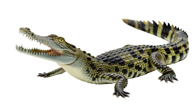 Young crocodile with open mouth and sharp teeth