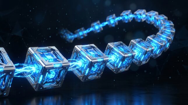 Glowing blue linked cube chain in dark space