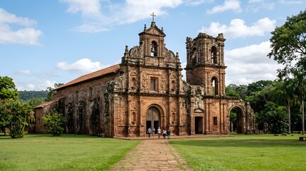 Fototapeta premium Ancient Jesuit Mission Ruins with Bell Towers and Lush Greenery