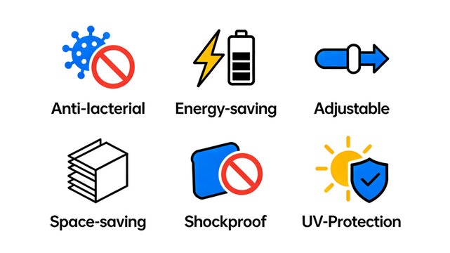 Six colorful cartoon daily icons with convenient concepts of antibacterial, energy-saving, and adjustable shock resistance, suitable for labeling the selling points of household appliances and daily 