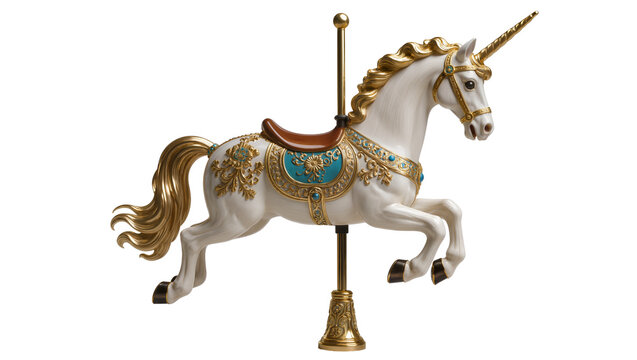 White carousel unicorn with golden mane and ornate saddle