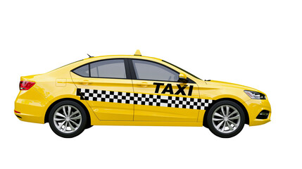 Fototapeta premium Yellow sedan taxi car with checkered stripe and TAXI sign