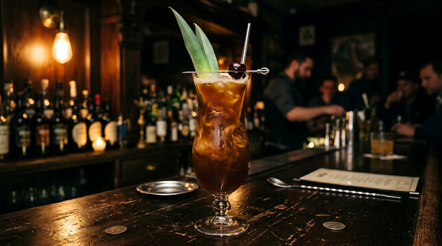 A passionfruit rum daiquiri cocktail served on a bar with a bartender in the background
