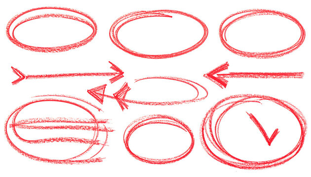 Set of hand-drawn red wax crayon circles, arrows and checkmark for document editing and emphasis