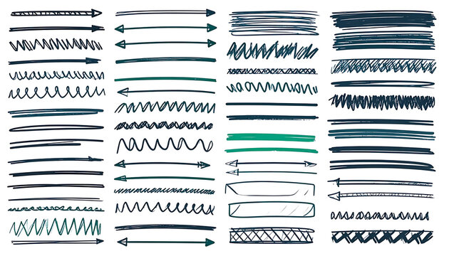 Set of hand drawn sketch lines and dividers, dark ink strokes, doodle borders for journaling and web layouts