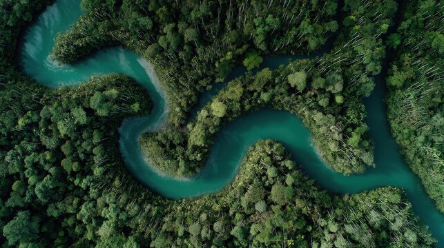 Aerial View of a Winding River Through a Lush Borneo Rainforest