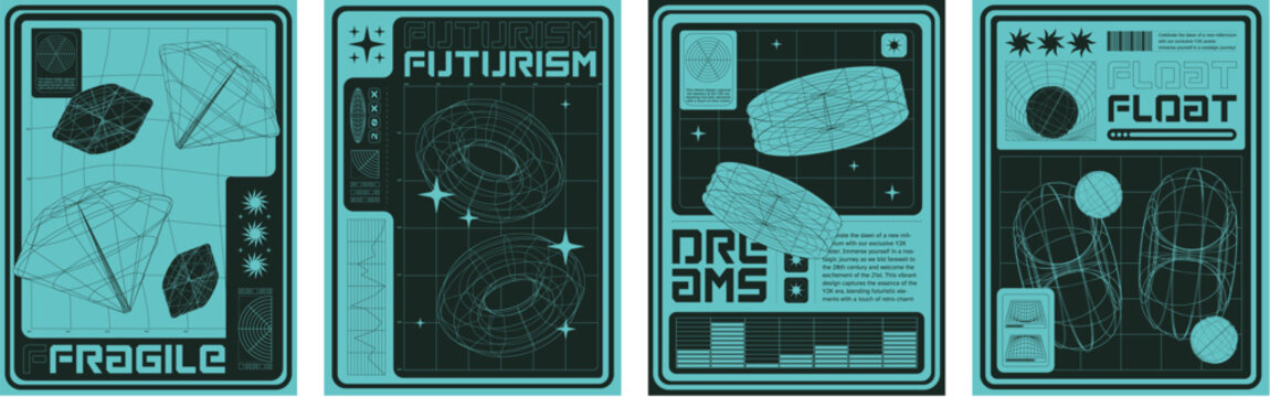 Cyberpunk Y2K futuristic wireframe poster template vector