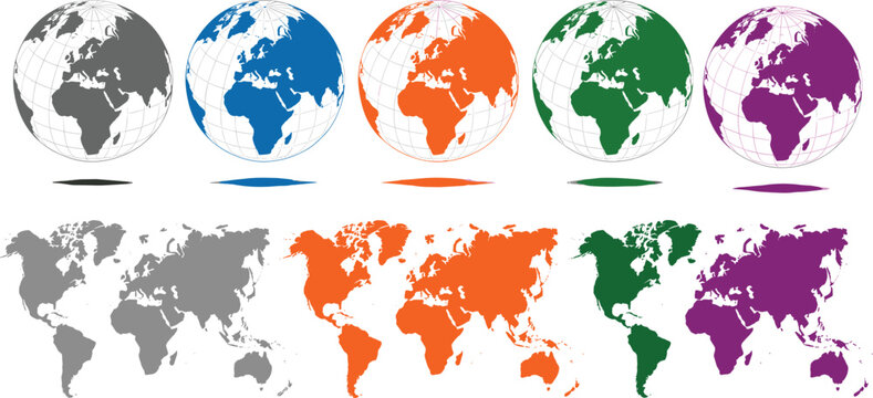Set of colorful world map silhouettes and 3D globes with grids for global business communication and international travel concepts