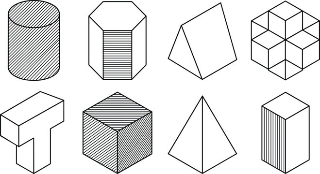 Isometric 3D Geometric Shape Vector Icon Set with Shaded Cylinder Hexagonal Prism Triangular Pyramid Cube and Block Elements for Math Education and Modern Graphic Design