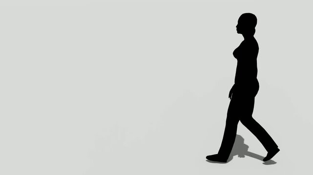 Silhouetted Woman Walking Forward in Profile, Creating a Shadow, Isolated on a Light Background