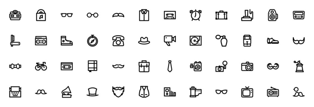 Hipster and vintage icon set. Retro vector icons pack. Includes camera, record, glasses, moustache, hat, bicycle, typewriter, radio, film, telephone, compass, shoe, beard, and more.