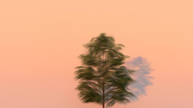 Single Pine Tree Swaying Gently in Soft Evening Light, Shadow Mimicking Movement