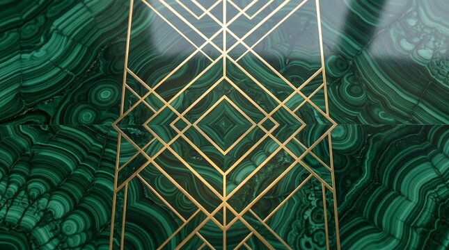Luxurious Emerald Green Malachite Stone Texture with Elegant Gold Geometric Art Deco Pattern, Sophisticated Marble Surface for High-End Interior Design and Background