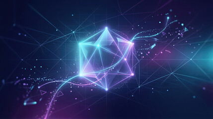 Fototapeta premium Abstract crystal geometric shape with glowing light lines and dots. Futuristic digital technology background. Innovation, networking, data science and internet connection concept graphic.