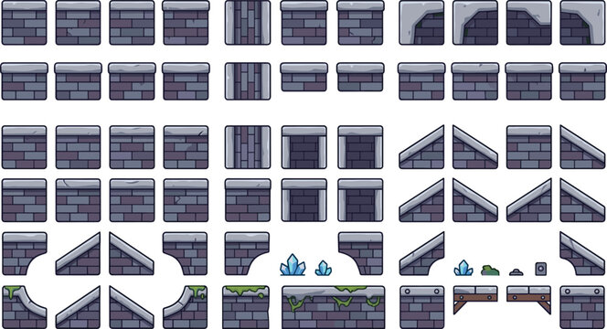 Fantasy Dungeon Game Tileset Collection with Stone Brick Walls, Platforms, Corners, Slopes, Crystals, and Platformer Environment Assets