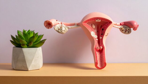 Female Reproductive System Model with Green Succulent Plant