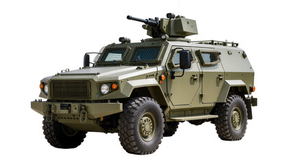 Armored military vehicle with machine gun turret and protective grilles © Fried