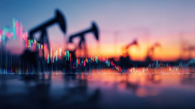 Oil price decline concept with candlestick stock market chart over blurred pumpjacks at sunset, energy commodity trading background