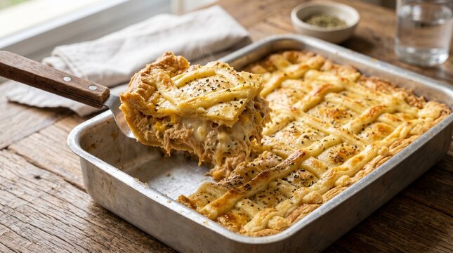Commercial close-up food photography of a traditional baked Brazilian chicken pie (Torta de Frango) with creamy catupiry cheese grid pattern topping &ndash; premium culinary branding, homemade comfort food 