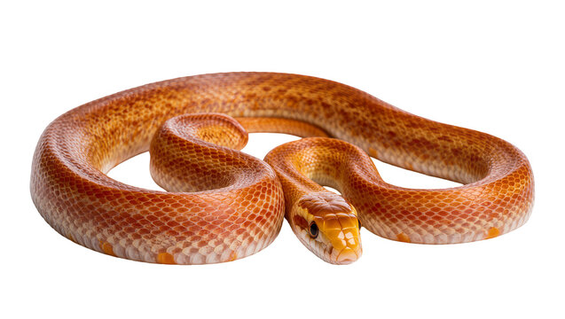 Orange corn snake coiled with detailed scales and yellow eyes