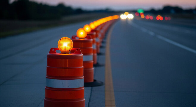 Orange construction barrels with flashing lights on highway at dusk  