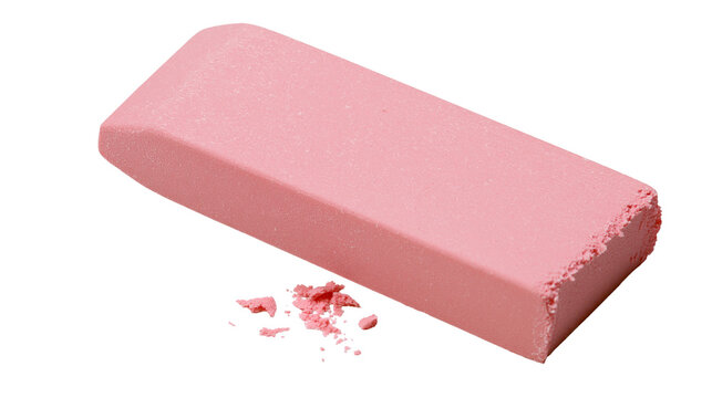 Pink rectangular eraser with crumbled pieces