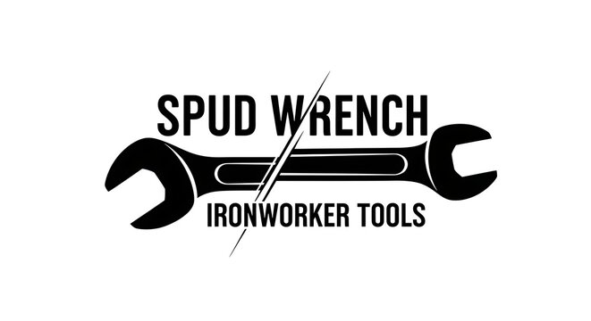 A black logo featuring a wrench with text on a white background