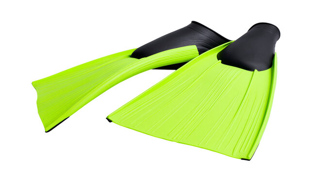 Bright green diving fins with black rubber foot pockets
