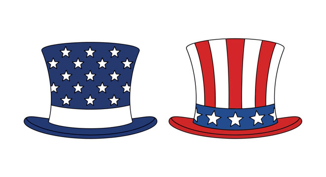 Patriotic Uncle Sam top hats with stars and stripes, American flag themed headwear vector set, red white and blue fourth of July celebration icons