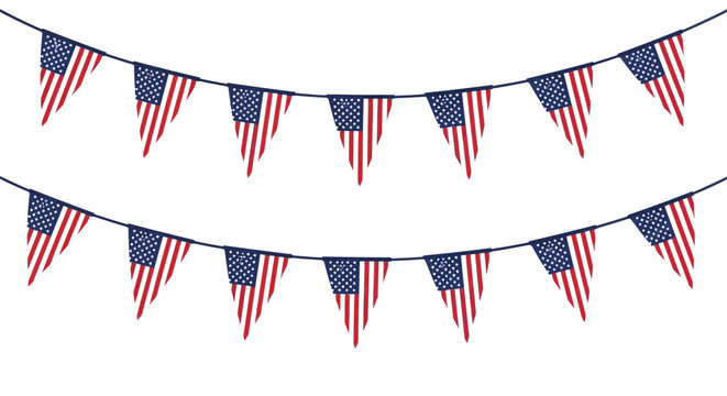 American flag bunting banner vector, patriotic USA pennant garland for 4th of July, red white and blue party decorations for Independence Day