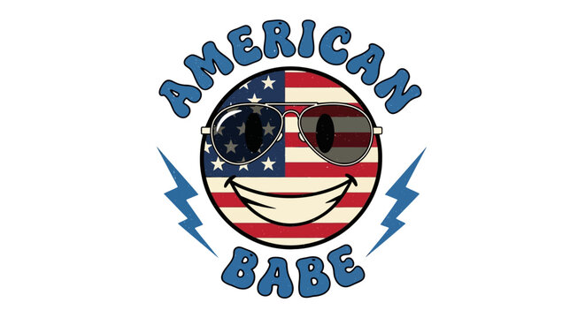 American Babe retro smiley face with USA flag pattern and sunglasses, patriotic 4th of July vector illustration, vintage aesthetic t-shirt design