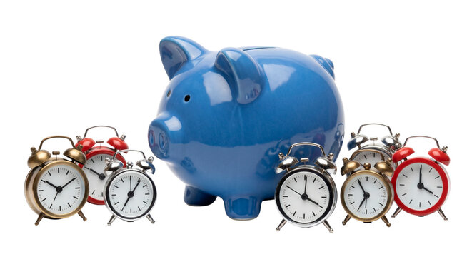 Blue Ceramic Piggy Bank With Miniature Analog Clocks Isolated On White Background