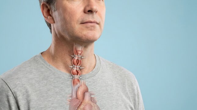 Anatomical illustration showing esophagus muscle contractions and peristalsis during swallowing on an adult man