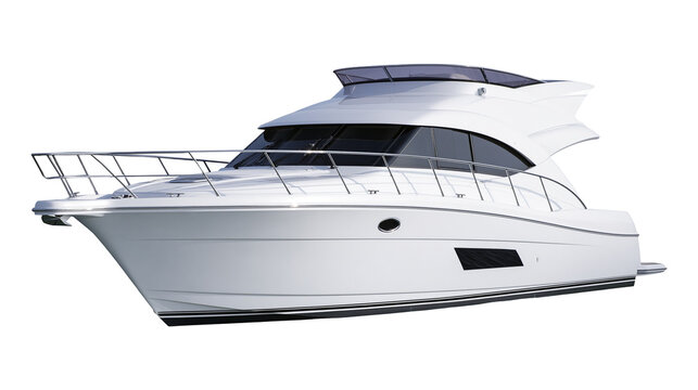Modern white luxury motor yacht with tinted windows and chrome railings