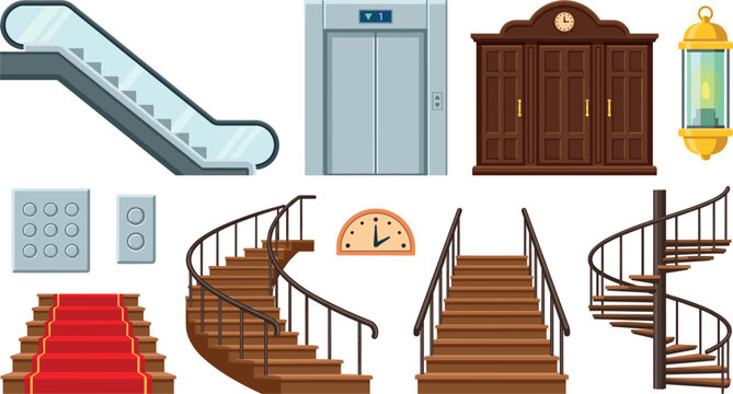 Staircase and Elevator Collection with Escalator, Spiral Stairs, Wardrobe, Clock and Lantern Flat Vector Illustration Set