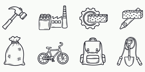 Work tools and industry icons set featuring hammer factory gear pencil money bag bicycle backpack and shovel hand drawn vector illustration art design collection for labor construction  © Afiya bano