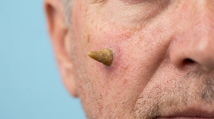 Naklejka premium Detailed close-up of an elderly person's cheek showing a keratinous cutaneous horn growth