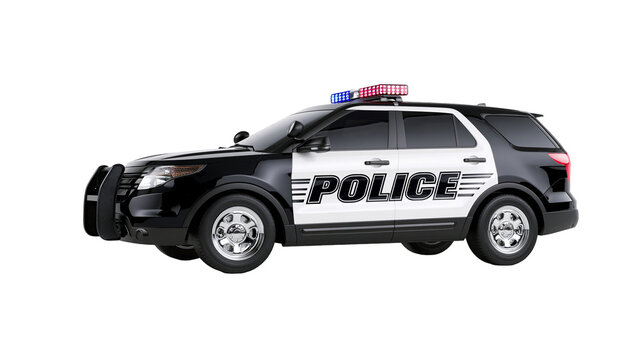 Black and white police SUV with light bar and bull bar
