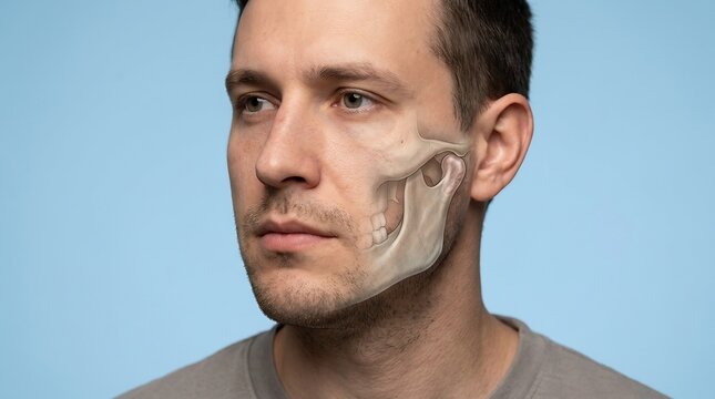 Medical illustration showing human mandible bone and jaw structure on a male face
