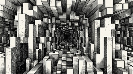 Naklejka premium Abstract 3D Geometric Tunnel Background with Monochrome Sketch Texture, Rectangular Blocks in Perspective