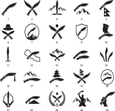 Gurkha Khukuri Silhouette Icon Set: Black Solid Kukri Knife Vector Graphics with Nepal Map and Mountains
