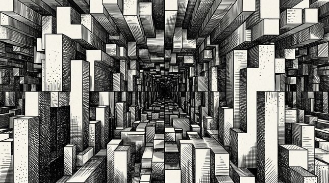 Abstract 3D Geometric Tunnel Background with Monochrome Sketch Texture, Rectangular Blocks in Perspective