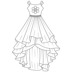 Fototapeta premium Collection of women's clothing technical sketches showing various styles black and white line art illustration for fashion design. Elegant woman, fashion illustration, line art, puffy sleeve dress, 