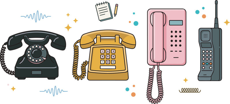 Retro vintage telephone technology evolution collection featuring classic black rotary phone push button landlines and old school cellular brick mobile device vector illustration