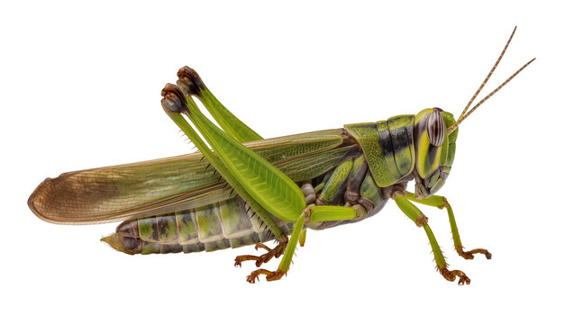 Green grasshopper with brown wings and segmented body