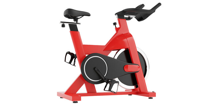 Red stationary exercise bike with black seat and pedals