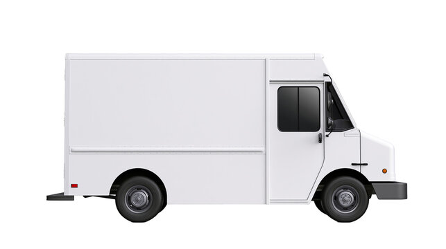 White delivery step van with large cargo box and tinted windows