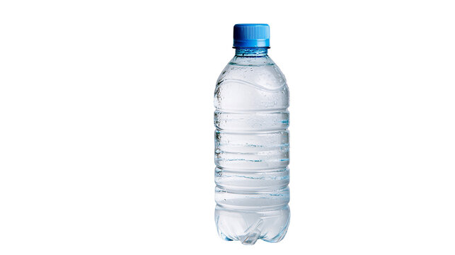 Clear plastic bottle with blue cap filled with water