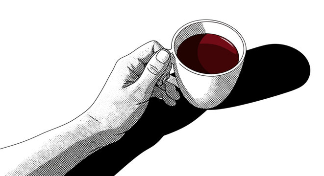 Minimalist hand holding coffee cup vector illustration, retro stipple art style of person holding mug, morning caffeine break with harsh shadows