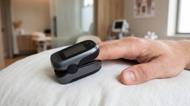 Close-up of a Fingertip Pulse Oximeter Monitoring Blood Oxygen Level on Patient's Hand in a Blurred Hospital Room Background, Medical Healthcare Diagnostic Concept, Soft Light.
